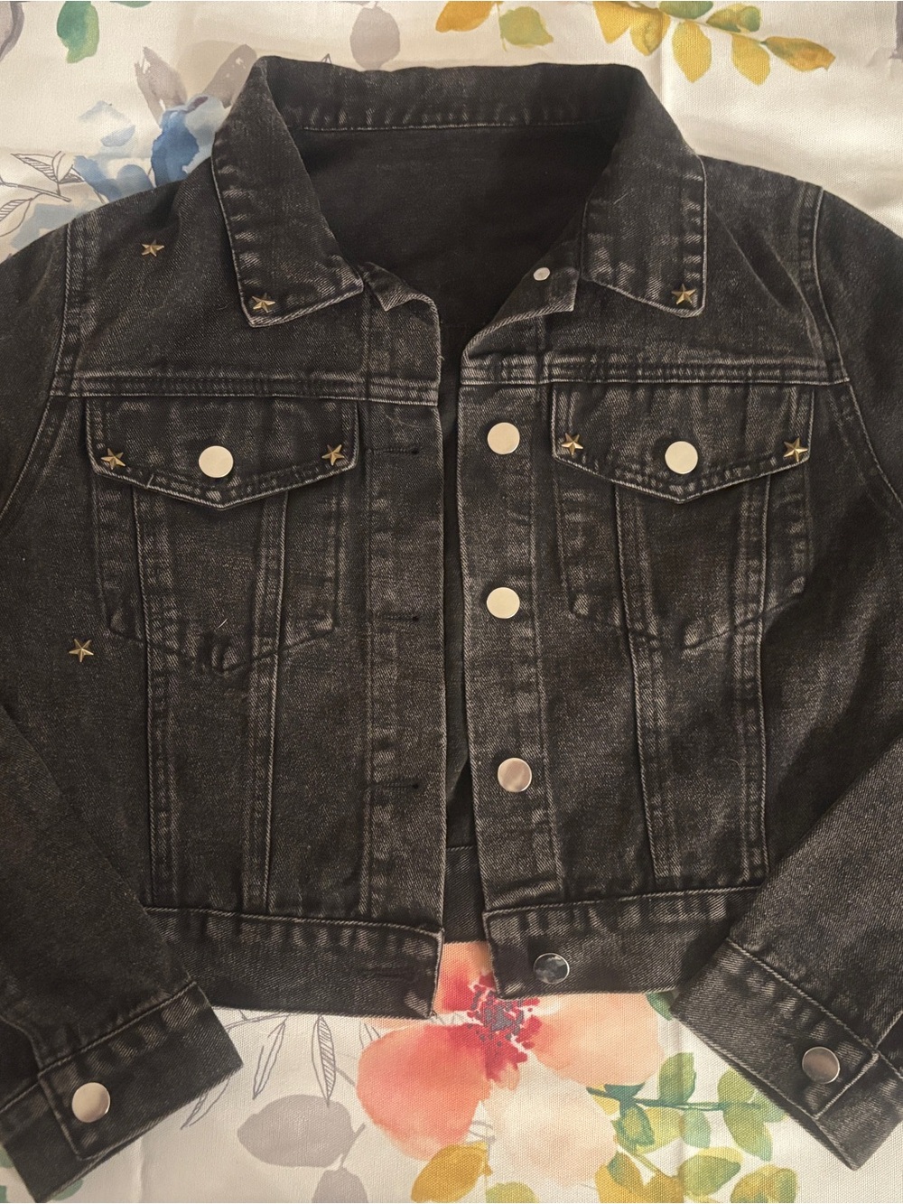 Black Washed Denim-Jean Jacket with Star Stud Details - Picture 2 of 4